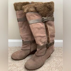 Baretraps Aletta Mushroom Suede Knee High Boots Fur Trim Buckle Zip Lined 9.5
